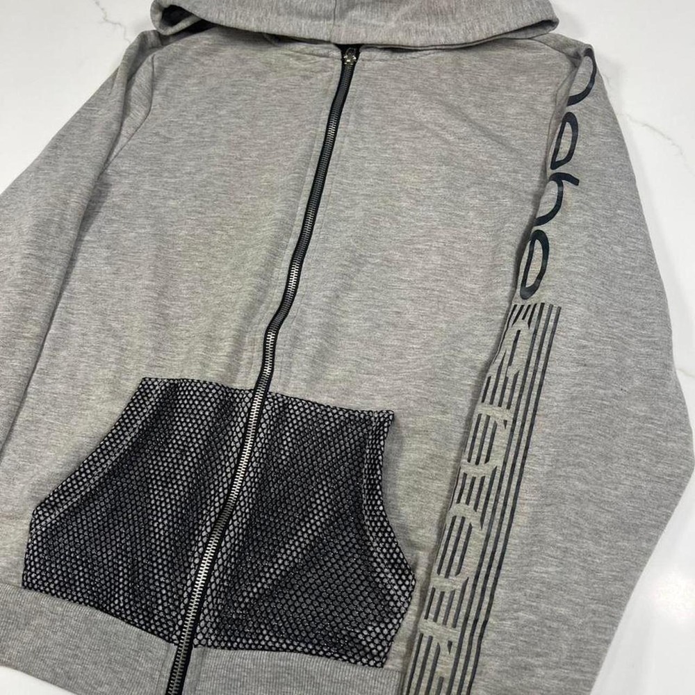 Bebe Sport Zip Up Hoodie Women Gray Mesh Pocket Logo Sleeve Thumbhole